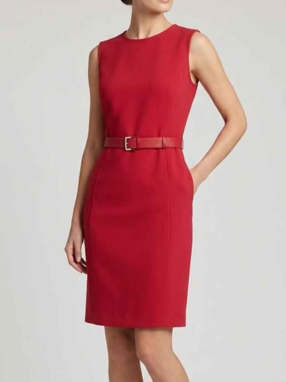 Calvin Klein sleeveless red belted form fitting dress with lining